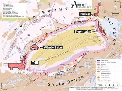 Figure 2: Geology map of the Sudbury Basin showing the location of Parkin, Frost Lake, Windy Lake and Trill. (CNW Group/Archer Exploration Corp)