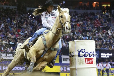 Hailey Kinsel riding barrel horse, Sister, in the 2022 National Finals Rodeo.
Photo Credit: Steve Wrubel