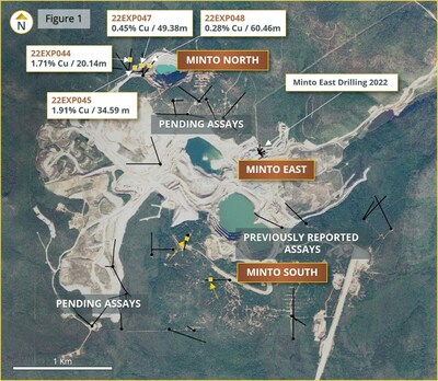 Figure 1.  Minto Mine Complex Plan View Map with highlighted Drilling results in this Release. (CNW Group/Minto Metals Corp.)
