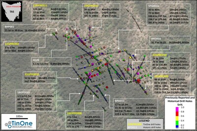 Figure 2: Great Pyramid drill hole plan showing Sn grades and key selected intersections. The mineralization is open in all directions laterally and at depth. (CNW Group/TinOne Resources Corp.)