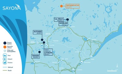 Figure 2 : Les différents projets de lithium de Sayona au Québec (Groupe CNW/SAYONA)