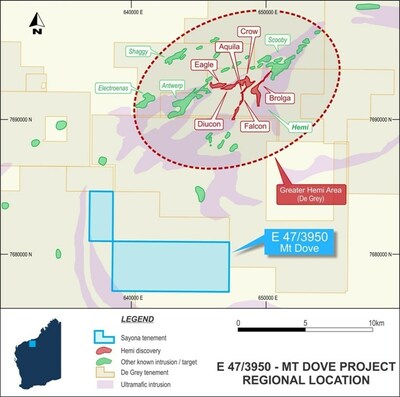 Figure 8 : Le projet Mt Dove et les environs des découvertes De Grey et Hemi (Groupe CNW/SAYONA)