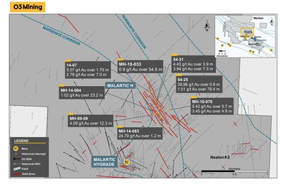 Figure 2 : Localisation des intersections de forage historiques à Malartic H (NioGold) (Groupe CNW/O3 Mining Inc.)