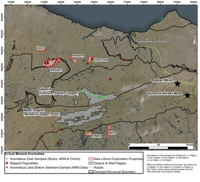 Figure 1: Plan Map of Orford Mining Nunavik Region Critical Metals Exploration Properties. --- Note that grab samples are selective by nature and values reported may not be representative of mineralized zones.  The MRN Data contained in this release were obtained from Quebec Ministry of Energy and Natural Resources (“MRN”) and has not been independently verified by a Qualified Person as defined by NI 43- 101 (CNW Group/Orford Mining Corporation)