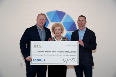 Populus Financial Group CEO, Jay Shipowitz, presents donation to Kevin Hail, President and COO and Janelle Hail, Founder and CEO of National Breast Cancer Foundation