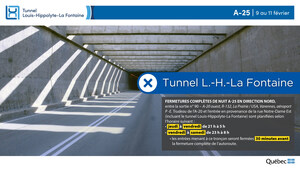 Réfection majeure du tunnel Louis-Hippolyte-La Fontaine - Fermeture complète de l'autoroute 25 en direction de Montréaldans les nuits du 9 et du 10 février