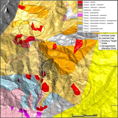 Figure 1: Geological interpretation, leached cap outcrop, demagnetized zone and target areas (CNW Group/Libero Copper & Gold Corporation.)