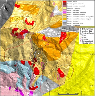 Figure 2: Geological interpretation, potassic and phyllic alteration, leached cap outcrop, demagnetized zone (CNW Group/Libero Copper & Gold Corporation.)