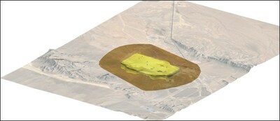 Figure 3 - 3D model of Usha's Jackpot Lake interpreted lithium brine target. The interpreted geophysical target with borehole locations overlain on the local topography produced using Maptek Vulcan. The surrounding formations of the Muddy Mountains are theorized to be the source of lithium present in the area. The shell shown in yellow comprises geophysical results indicating resistivities of <5ohm metres. (CNW Group/Usha Resources Ltd.)