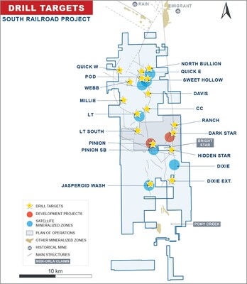 Figure 2: South Railroad Project; Deposits, Mineralized Zones and 2023 Drill Targets (CNW Group/Orla Mining Ltd.)