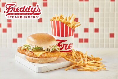 Freddy's Deluxe Crispy Fish Sandwich with Freddy's shoestring fries