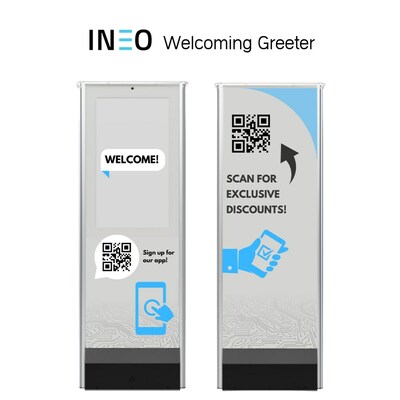 INEO Adds Welcoming Greeter to its Suite of Retail Media Network Products for Retailers. The INEO Welcoming Greeter is a stand-alone pedestal-based advertising display which delivers expanded messaging and increased advertising capabilities for retailers. INEO is now positioned with the most complete and comprehensive suite of Retail Media Network products for retailers, with systems built for every part of the retail store. (CNW Group/INEO Tech Corp.)