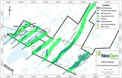 Figure 1: 2023 drill target areas (highlighted blue) across prospective corridors on the western half of NexGen’s SW2 property. (CNW Group/NexGen Energy Ltd.)