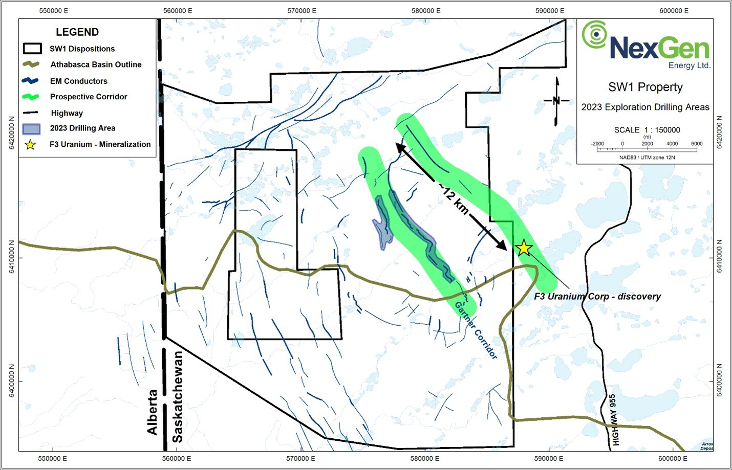 Figure 2: 2023 drill target areas (highlighted blue) within the Gartner Corridor on SW1. The fertile trend hosting F3 Uranium Corp’s discovery is interpreted to extend onto NexGen’s SW1 property. (CNW Group/NexGen Energy Ltd.)
