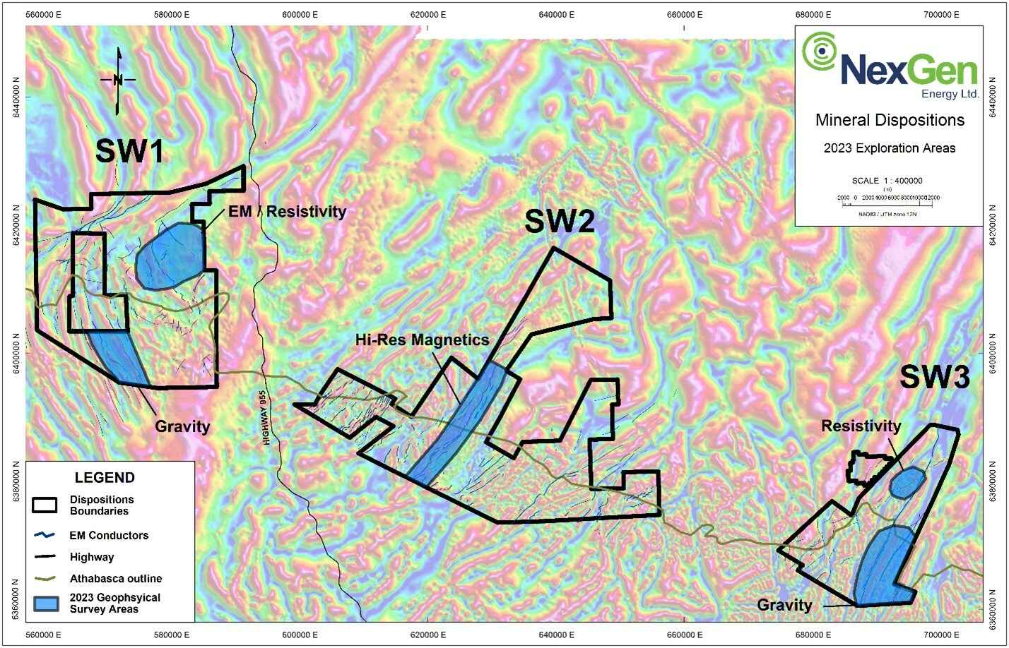Figure 3: NexGen’s southwest Athabasca tenure with magnetic tilt derivative in the background. 2023 geophysical survey areas highlighted blue. (CNW Group/NexGen Energy Ltd.)
