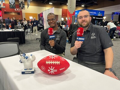 Special Olympics Florida athlete and sportscaster Malcom Harris-Gowdie is joined by FanSided's Matt Verderame on Super Bowl's Media Row. (left to right)