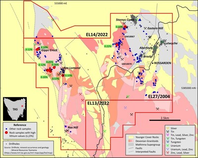 Figure 2: Location of high lithium samples at tenement EL27/2004 (CNW Group/TinOne Resources Corp.)