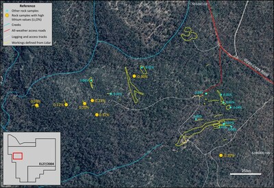 Figure 3: Location of high lithium samples in Dead Pig - Guinea Pig area, also showing past potential workings identified using LiDAR.  (CNW Group/TinOne Resource Corporation)