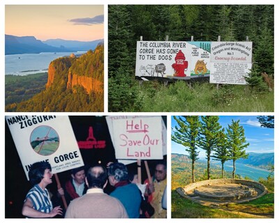Top left: The Gorge as it is today. Top right: Billboard about the proposed National Scenic Area Act. Bottom left: Nancy Russell, in striped shirt, at a protest. Bottom right: The Nancy Russell Overlook at Cape Horn.