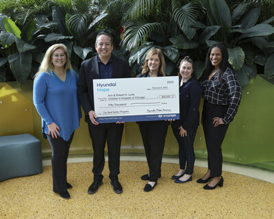 Hyundai Motor North America presents a donation check to Ann & Robert H. Lurie Children’s Hospital of Chicago Foundation on February 8, 2023. From left to right: Michele Tinson,  senior manager, product & safety PR, Hyundai Motor North America, Brandon Ramirez, director, corporate social responsibility and external relations, Amy Hill, director of Unintentional Injury Prevention Initiatives, Ann & Robert H. Lurie Children's Hospital of Chicago Foundation, Alana Bonifazi, community outreach coordinator, Car Seat Safety Program, Ann & Robert H. Lurie Children's Hospital of Chicago Foundation and Tia Battle, director and general manager, Hyundai Central Region.