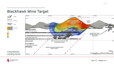 Silver Valley Metals' Ranger-Page project, Blackhawk mine geophysics IP anomaly, located in the Silver Valley of north Idaho. New drill target areas including the Upper and Lower Blackhawk Mine targets. Recent geophysical IP and surface geochemical exploration activities conducted at the Blackhawk Mine target resulted in significant new targets (highlighted in green) for potential drilling above and below historical mining areas where modern exploration technologies are being used for the first (CNW Group/Silver Valley Metals Corp.)