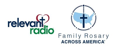 Relevant Radio blue cross and red heart logo alongside the Family Rosary Across America logo, the silhouetted continental US circled by a blue rosary.