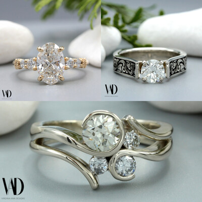 Virginia worked one-on-one with clients to design these three, one-of-a-kind engagement rings.  Each ring incorporates unique elements specific to the preferences of the woman they were made for.  None of these rings cost more than $5000.