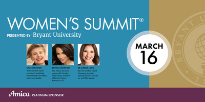 Women’s leadership expert Sally Helgesen, author of Rising Together: How We Can Bridge Divides and Create a More Inclusive Workplace; Beverly Johnson, groundbreaking supermodel, author, activist, and Founder, Chairwoman, and CEO of Beverly Johnson Enterprises, LLC; and Darria Long Gillespie, MD, MBA, women's wellness expert and author of Mom Hacks deliver keynotes at Bryant University's Women's Summit®.