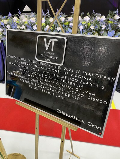 Virginia Transformer's commemorative plaque for the new, state-of-the-art facility in Chihuahua, MX.