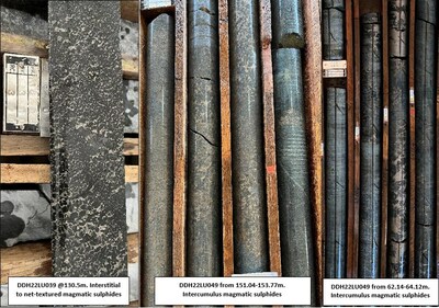 Figure 1: Core photos from Central Sector (039) and North Sector (049 and 052) with nickel ± copper sulphide mineralization. (CNW Group/Bravo Mining Corp.)