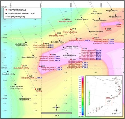 Figure 2: Nickel sulphide zone in the Central Sector, shown over historic Ni-in-soil geochemistry. (CNW Group/Bravo Mining Corp.)