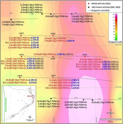 Figure 4: Nickel ± copper sulphide zone in the North Sector, shown over historic Ni-in-soil geochemistry. (CNW Group/Bravo Mining Corp.)