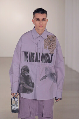 LOOK 2: We Are All Animals
CASETiFY Impact Case, Metal Chain Phone Strap - Silver, Lavender “We Are All Animals”  Baby Animals Graphic Button-Down Cargo Shirt, Lavender Denim Skirt Pants. 
credit: Randy Brooks