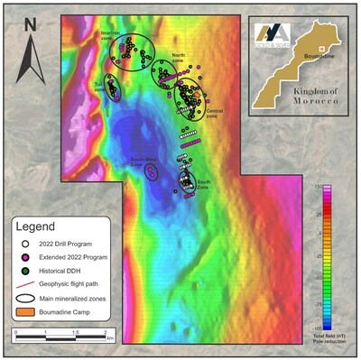Figure 1 – Surface Plan of Boumadine Property with Magnetic Data (Residual Total Field) and 2022 Drill Holes (CNW Group/Aya Gold & Silver Inc)