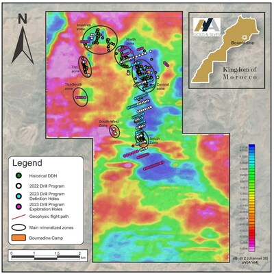Figure 2 – Surface Plan of Boumadine Property with VTEM Data (Slice 75m), 2022 Drill Holes and Planned Drill Holes for 2023 Drill Program (CNW Group/Aya Gold & Silver Inc)