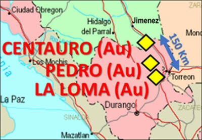 Centauro Gold Project, Jiménez Municipality, Chihuahua State; Pedro Gold Project, Mapimí Municipality, Durango State; and, La Loma Gold Project, Nazas & Lerdo Municipalities, Durango. (CNW Group/Southern Empire Resources Corp.)