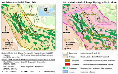 Figures 1a: North Mexican Fold & Thrust Belt and 1b: North México Basin & Range Physiographic Province (CNW Group/Southern Empire Resources Corp.)