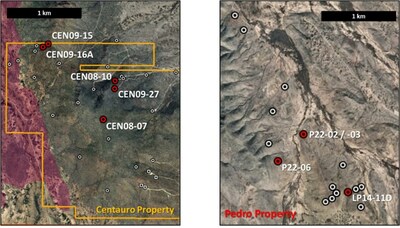 Figures 3a & 3b: Centauro (left) and Pedro (right) properties showing historical drill holes with significant intercepts from Table 2. (CNW Group/Southern Empire Resources Corp.)