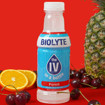 BIOLYTE Punch debuted on February 14, joining the hydration drink's four existing flavors. It's available on drinkbiolyte.com, Amazon and in select retailers nationwide. One bottle offers the same hydration benefits as a full, medical-grade IV bag -- nearly 6.5 times the electrolytes as other leading sports drinks, and 1/3 of the sugar.