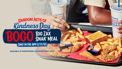 Zaxby’s celebrates Random Acts of Kindness Day with a ‘Buy One, Give One’ Big Zax Snak Meal. The BOGO offer is valid through the app all day on Feb. 17, 2023.