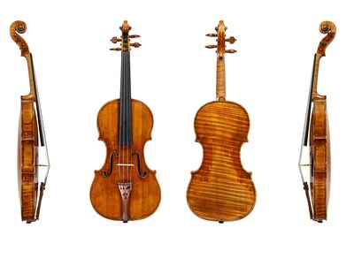Side, front and back views of the nearly 300-year-old violin known as the 'Baltic': Giuseppe Guarneri del Gesù of c. 1731. To be offered at auction March 15-16, 2023 at Tarisio New York.