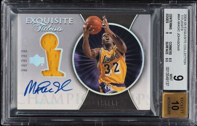 One of the five copies of Magic Johnson's 2004 Exquisite Collection Titleist trading card is up for auction at PWCC Marketplace.