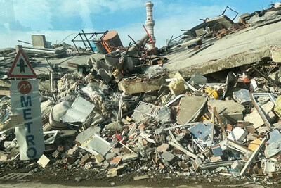 Massive devastation, along roadside in Turkey caused by the earthquake, leaving over 35,000 dead and thousands injured.
