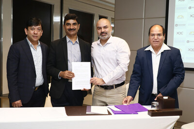 Anand Kumar, CRO at SecureKloud Technologies; Srinivas Mahankali, CBO at Blockedge Technologies; Kapil Khurana, Co-Founder - Plugin Decentralized Oracle and Vinod Khurana, CEO of Suvik Group at the event, signing the MoU
