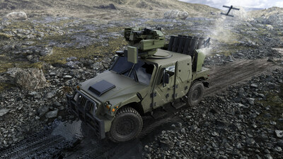 The HUMVEE Saber Blade Edition concept has offensive and defensive capabilities integrated with Switchblade 300 and Switchblade 600 loitering missiles, and the Hornet Remote Controlled Weapon System by Hornet in an Air Guard configuration, which ensures short-range detection and neutralization of hostile drones around the vehicle.