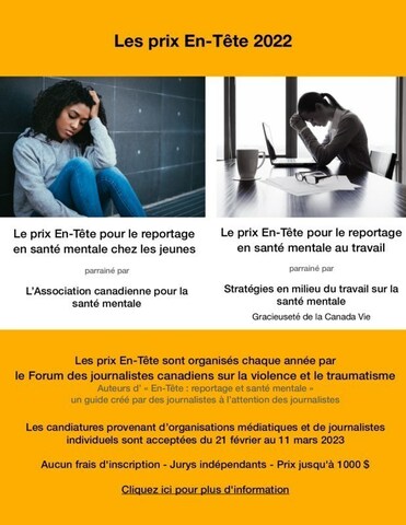 Affiche lectronique pour les prix En-Tte de 2022 (Groupe CNW/Le Forum des journalistes canadiens sur la violence et le traumatisme)
