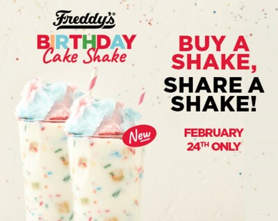 Freddy’s Birthday Cake Shake Promotion: Buy a Shake, Share a Shake! Valid only on Feb. 24, 2023.