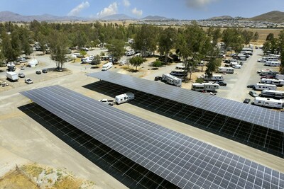 The new premium RV storage section at Thousand Trails Wilderness Lakes is topped with roughly 82,000 square feet of solar panels that produce approximately 2.4 million kilowatt hours of renewable energy per year. The new facility will generate about 50% of the total energy used across the campground, which has more than 500 sites and features common area amenities like a swimming pool, hot tubs, a clubhouse, fitness center, and game room.