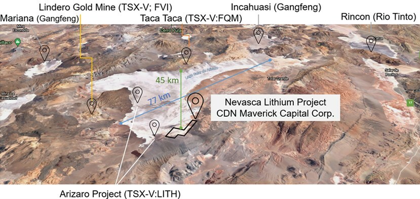 Figure 3: Major deposits, development stage and mining projects neighbouring the project area (CNW Group/CDN Maverick Capital Corp.)