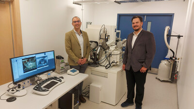 Andre Phillion (left), Professor and ArcelorMittal Dofasco Chair in Ferrous Metallurgy, Department of Materials Science and Engineering, McMaster University with Professor Nabil Bassim (right), Scientific Director of CCEM standing next to ZEISS Crossbeam 350 Laser housed within CCEM (PRNewsfoto/ZEISS Research Microscopy Solutions)